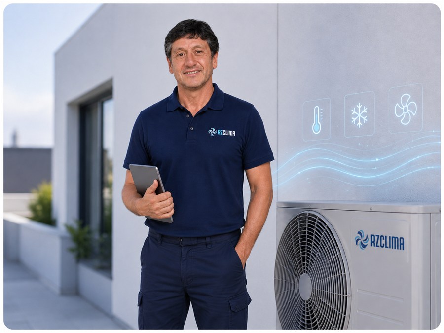 Imagen ilustrativa generada por IA de un técnico de climatización — no es una fotografía real ni corresponde a un trabajo específico de RZ Clima
